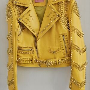 Bold Yellow Studded Faux Leather Jacket By Azalea Wang
